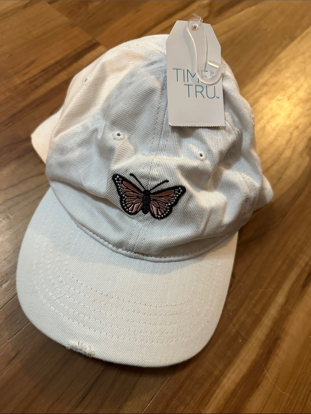 Time and Tru White Baseball Cap with Pink Butterfly Embroidery